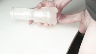 Young British teen gets a foreskin-kissing and cumshot handjob from clear Fleshlight go JIZM Hefty UnCircumcised Dinky