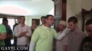 Horny frat boys share a massive weenie milky sock and deepthroat in wild interracial orgy