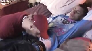 Amateur trio gives a sloppy blowjob, handjob and goes wild in threesome action