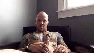 Euro hunk tattoos his scrotum with his big dick, then gives a hot handjob and gets a cumshot