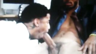 Amateur dude strokes a massive black schlong with his mouth and hands