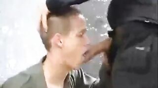 Military hunk jerks off his hairy manhood while taking a cumshot