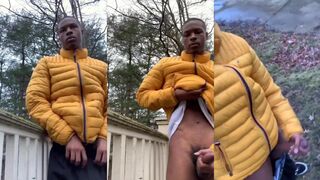 Hairy dude masturbates and cums in public while jerking off to a cumshot