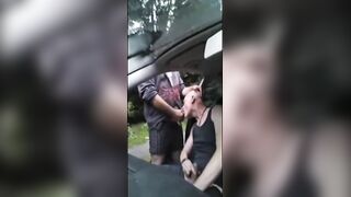 Lucky guy in car gets a hot cumshot after giving a steamy handjob