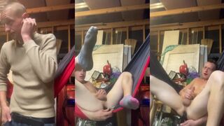 Hairy twink Specialkpfeif toys and strokes his load in the garage