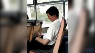 Horny guy caught jerking off in public bus, gets a big surprise