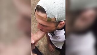 Amateur chubby guy sucks and jerks a massive wood dick in the woods