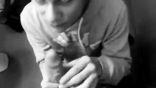 Kinky teen with tattoos gives a sloppy handjob and takes a massive cumshot