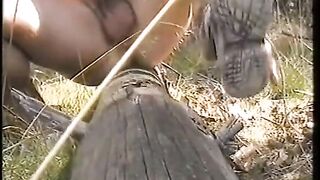 Hairy guy jerks off to a massive tree trunk and takes a hot load in public