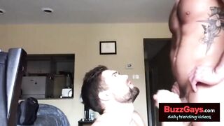 Hairy amateur guy gives a sloppy handjob and blowjob to a big-dicked stud