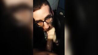 Hairy bear dude sucks in public restroom with a twink twist