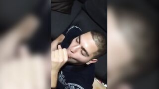 Watch this amateur guy take a huge load on his face after a wild handjob and blowjob session