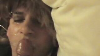 Crossdresser slut gets her mouth stuffed with cum after giving a sloppy handjob and blowjob