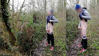 Exhibited Boi strokes his dick and jizzes on Woods Trail in his underwear