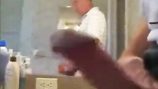 Amateur guy jerks off to washroom sound with his big dick