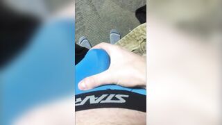 Young dude strips and gives a hot, cum-filled handjob to a big dicked dude