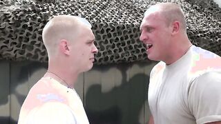 Fag troops in uniform enjoy rectal and blow-job gang-bang while everyone is observing