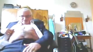 Amateur man masturbates with his suave grandpa and cums on his pants