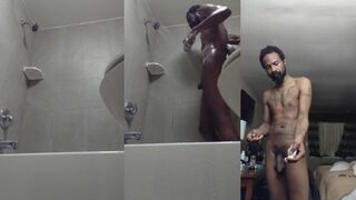 Watch this hairy stud showering & giving a big dick handjob in HD