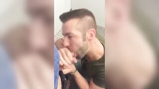 Hairy dude enjoys a steamy bathroom stall bathroom BJ with a big-dicked stud