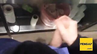 Amateur stud jerks off at work, gets a cumshot in the bar and a creampie in public
