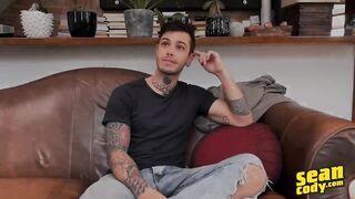 Hairy muscle stud gives a sloppy handjob and takes a massive cumshot