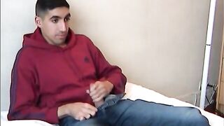 Hunk jerks off & takes a cumshot on his muscular body in spite of his buddy's attempts to shame him