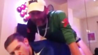 Amateur guys get frisky and enjoy rough anal and spanking at glory hole party
