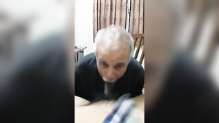Watch this hairy hunk give an old daddy a hot load and watch him swallow it all