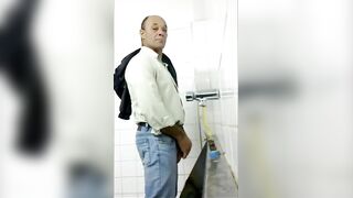 Watch this big-dicked stud pee in the bathroom and give a hairy handjob to his kinky partner