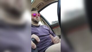 Hairy studs with tattoos play in the car with their hot girlfriends in public