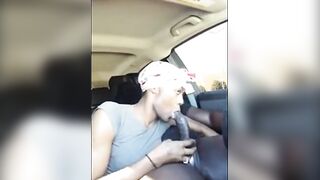 Watch this hairy black crossdresser give a hot and heavy car blowjob to a lucky dude