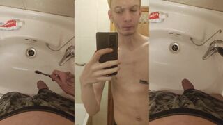 Peter Bony strokes his dick and pours his pee all over his toothbrush in the bathroom