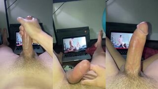 Smooth Mask Boy jerks off to Heterosexual Porno with a cumshot surprise