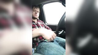 Horny guy jerks his big dick in his car while getting off solo