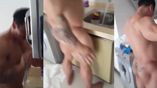 Watch this hairy muscle stud give a hairy handjob to his Korean girlfriend and take a cumshot on his tattooed body