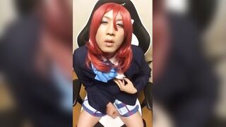 Watch this hairy Asian crossdresser stroke his big dick and get a cumshot