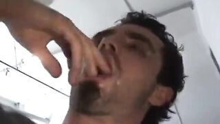 Watch this hairy dude swallow a creamy load after a wild handjob and a hot creampie