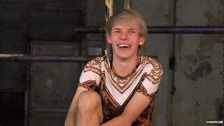 Sean Taylor dominates and blindfolds a waxed-up lad in BDSM rope action