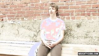 Bound and facialized by a tattooed dude with cum on his chin